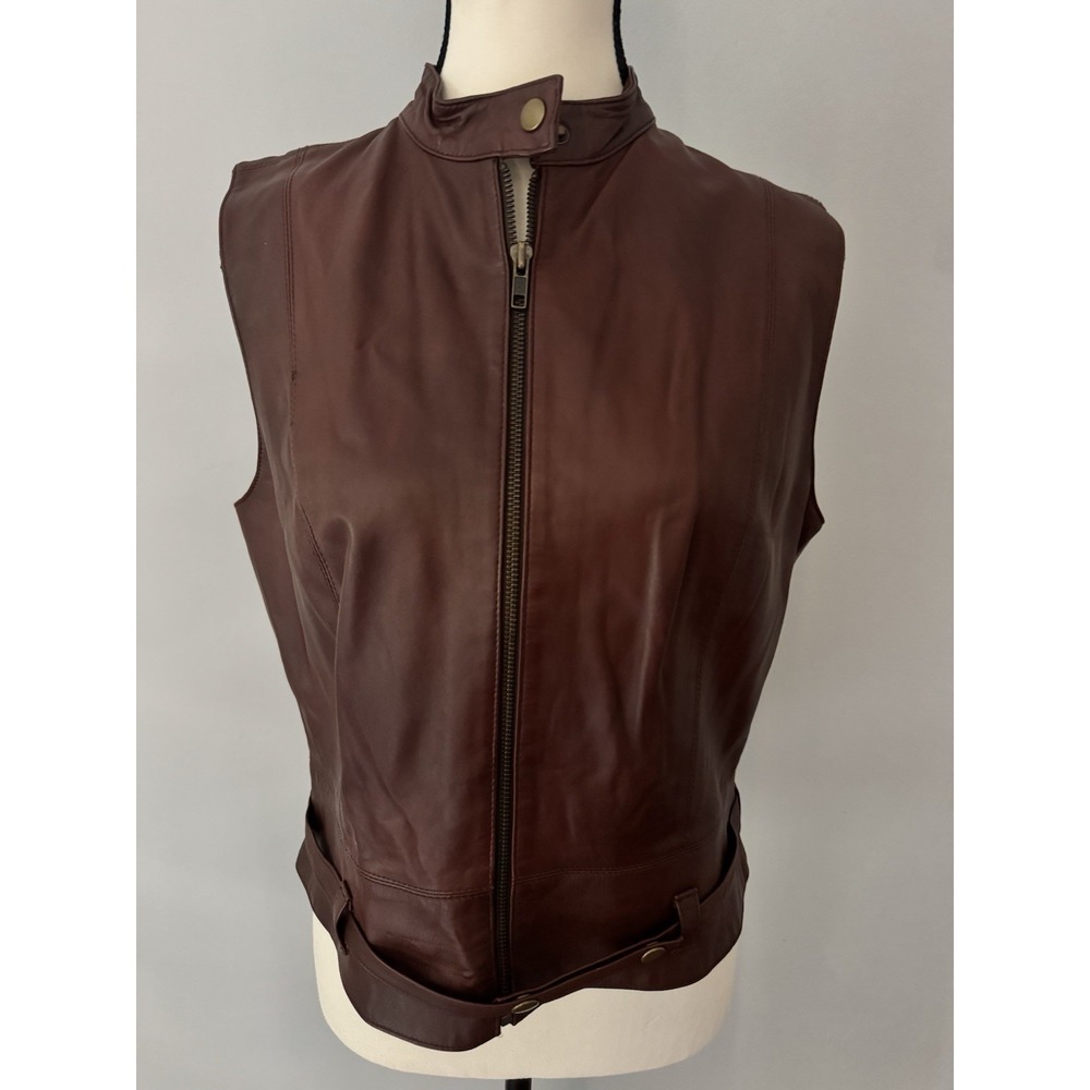 Vintage CAbi Genuine Leather Moto Vest Womens M Brown Belted Biker Y2K